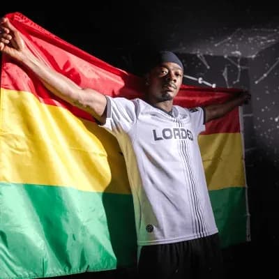 Player holding a flag with green, yellow, and red colors