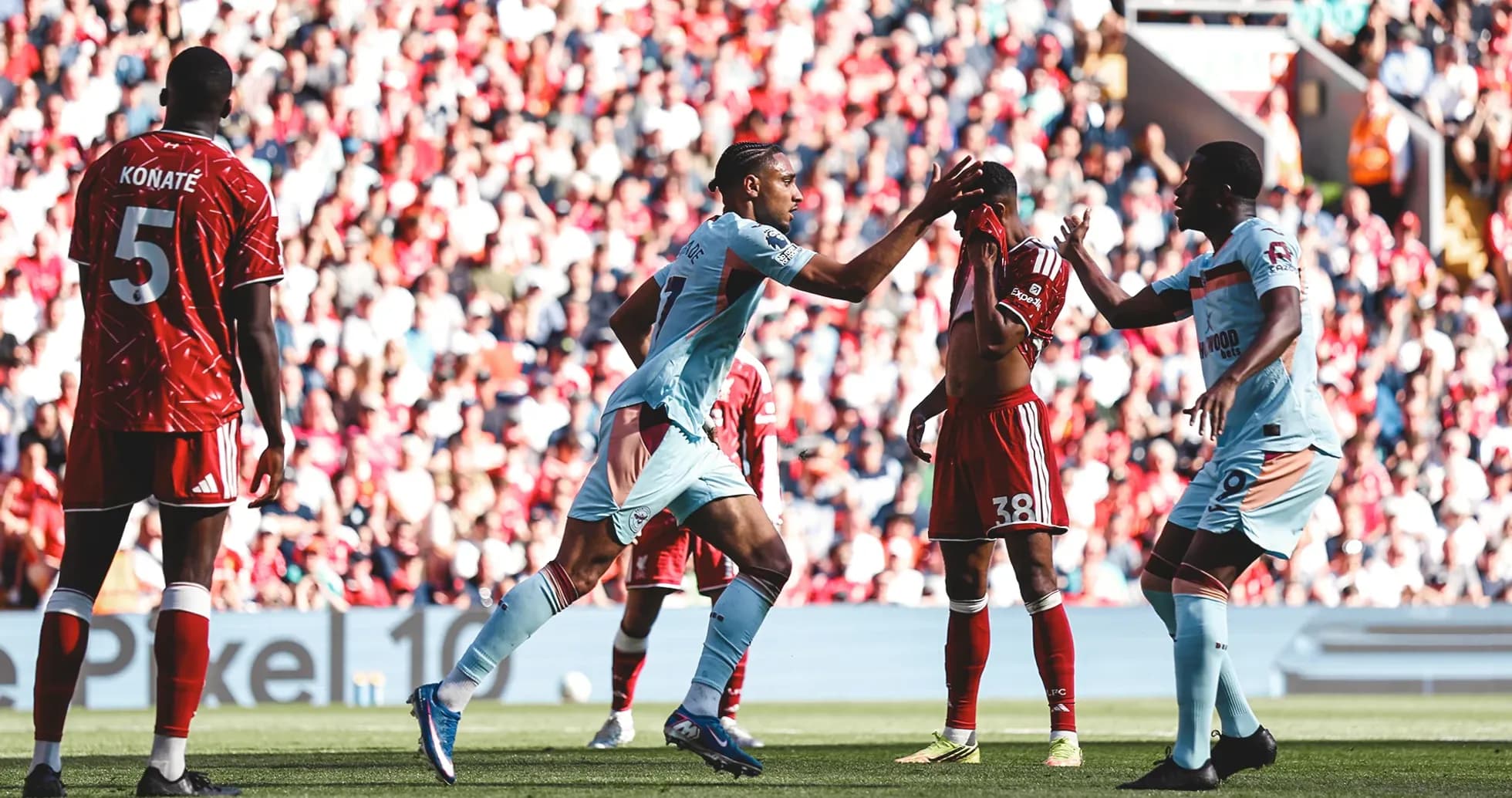 Players interacting during Liverpool vs Brentford match