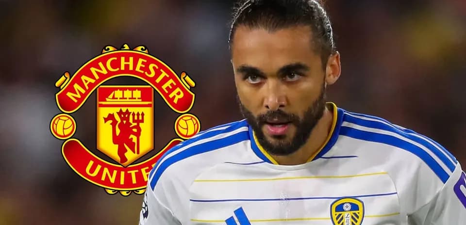 Leeds United player in action with Manchester United logo