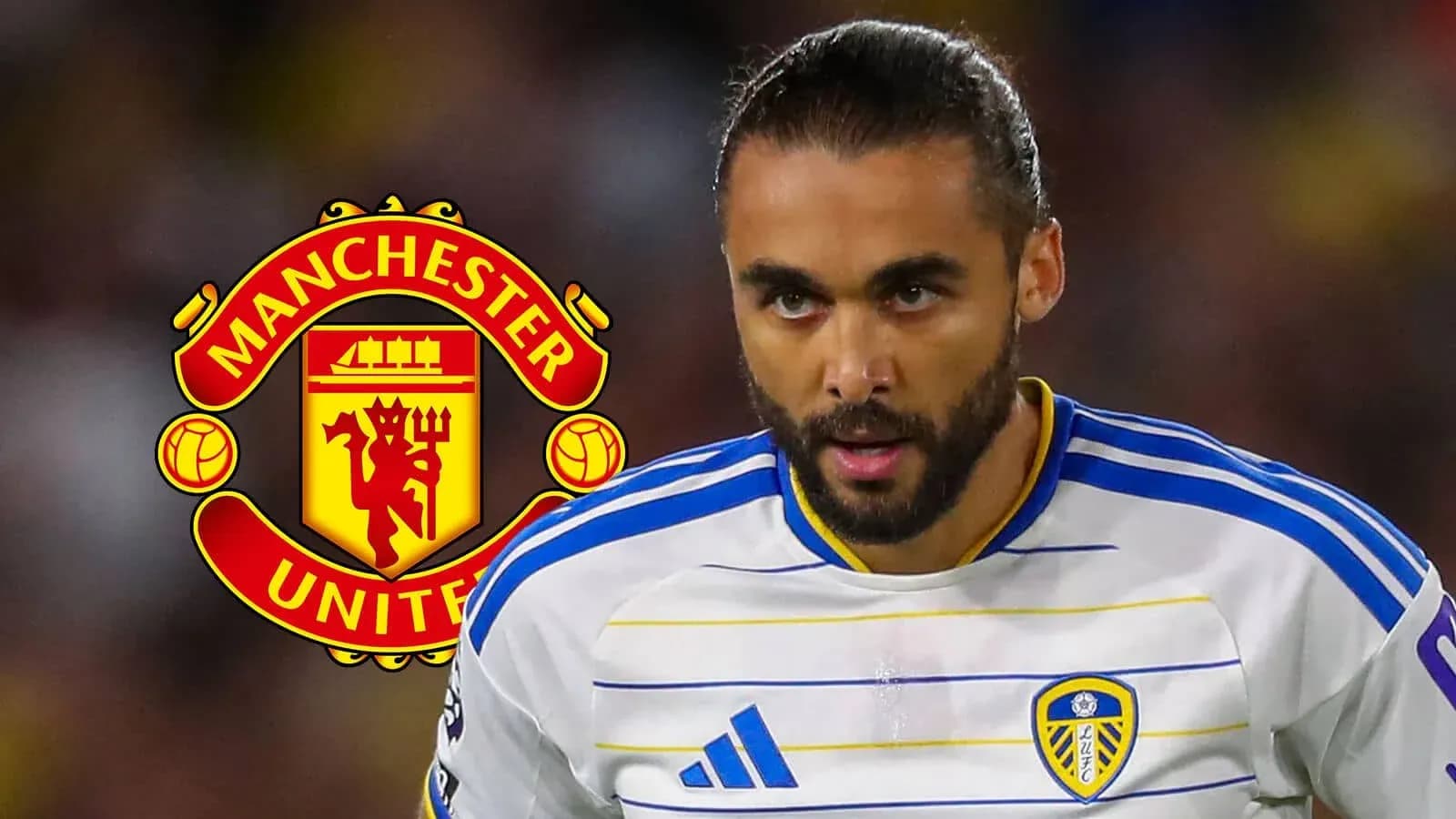 Leeds United player in action with Manchester United logo