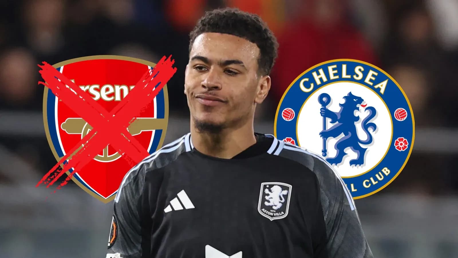 Player in goalkeeper kit with club logos behind