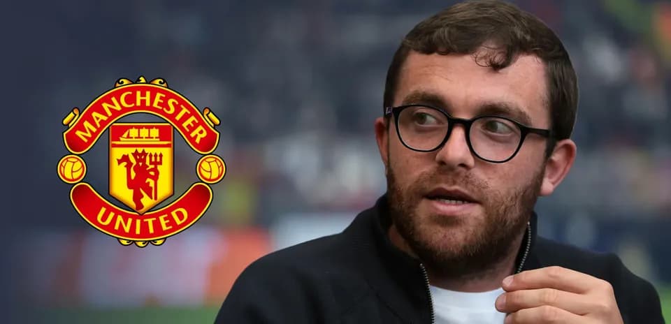 Man speaking with Manchester United logo in background