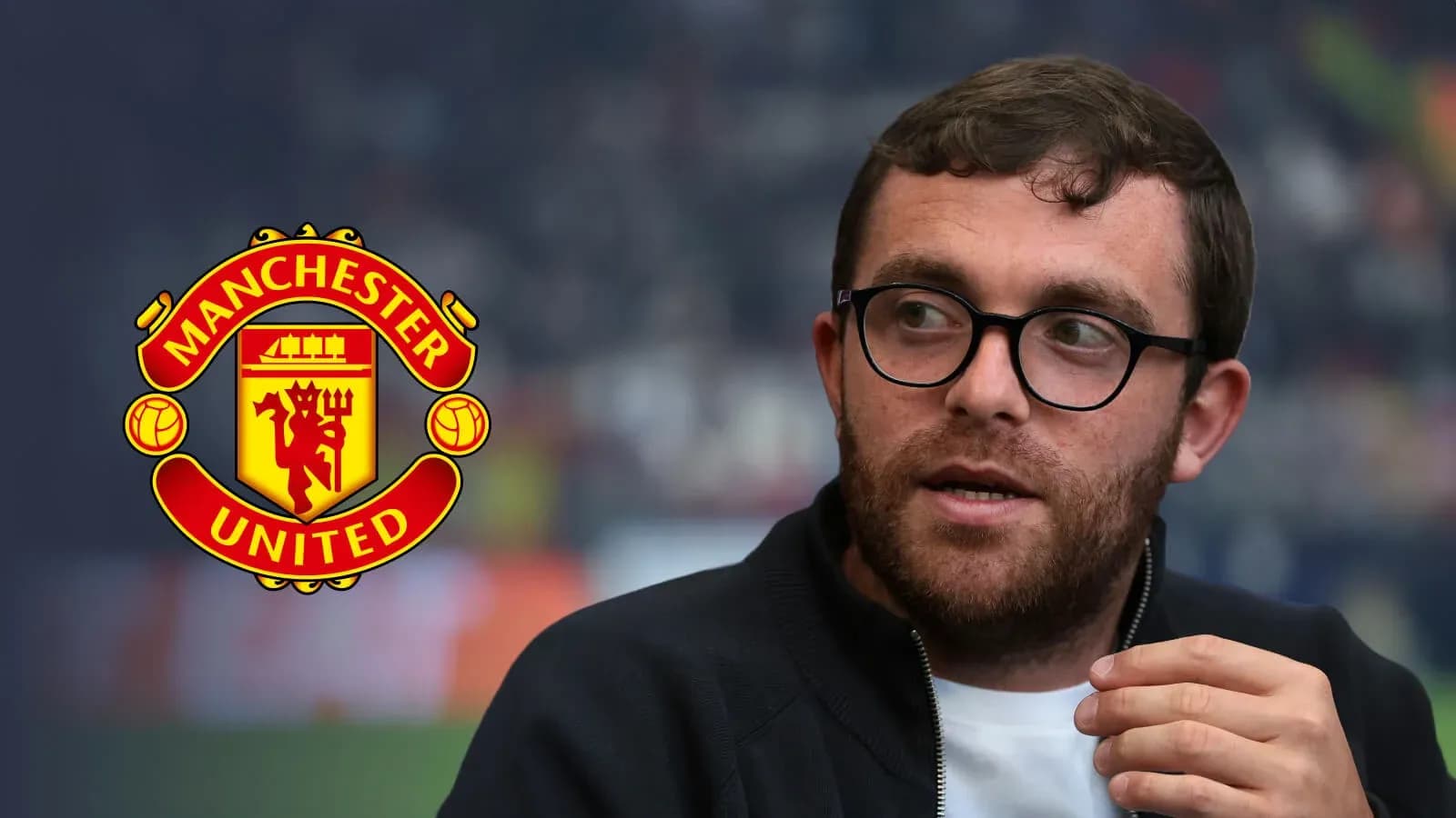 Man speaking with Manchester United logo in background