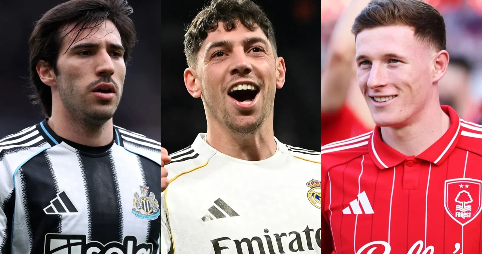 Three football players in club jerseys smiling