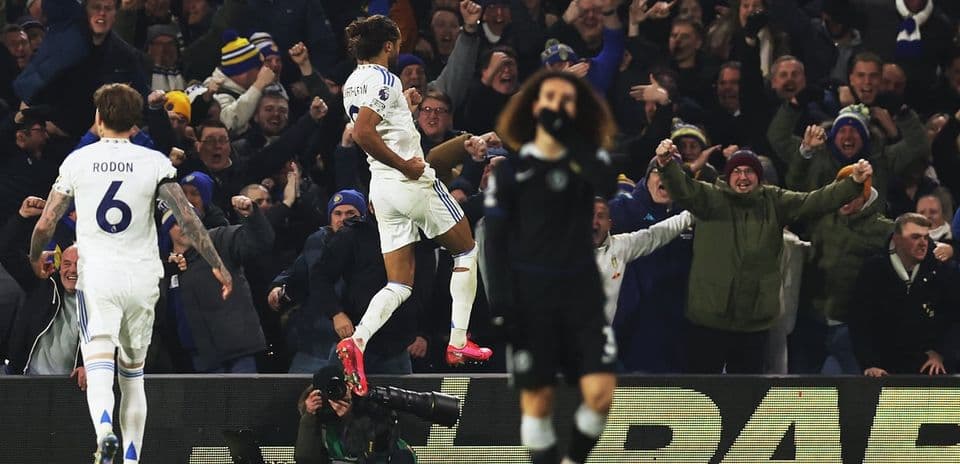 Leeds players press Chelsea during the match.