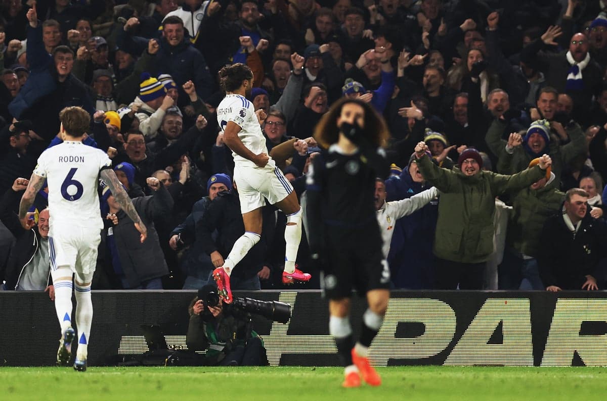 Leeds players press Chelsea during the match.