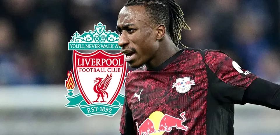 Player in RB Leipzig jersey with Liverpool logo background