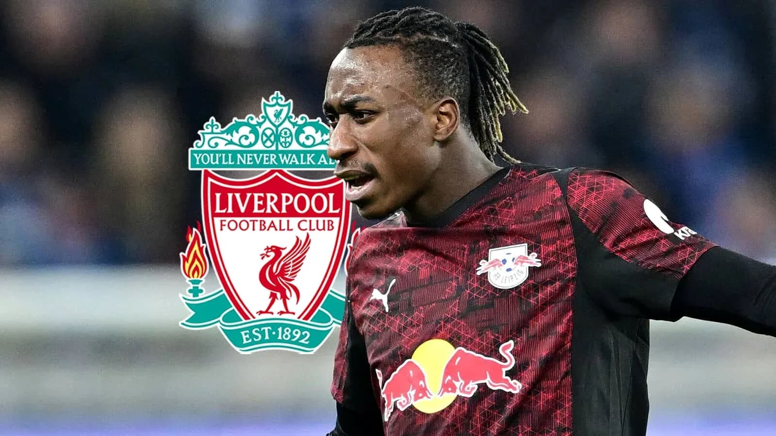 Player in RB Leipzig jersey with Liverpool logo background