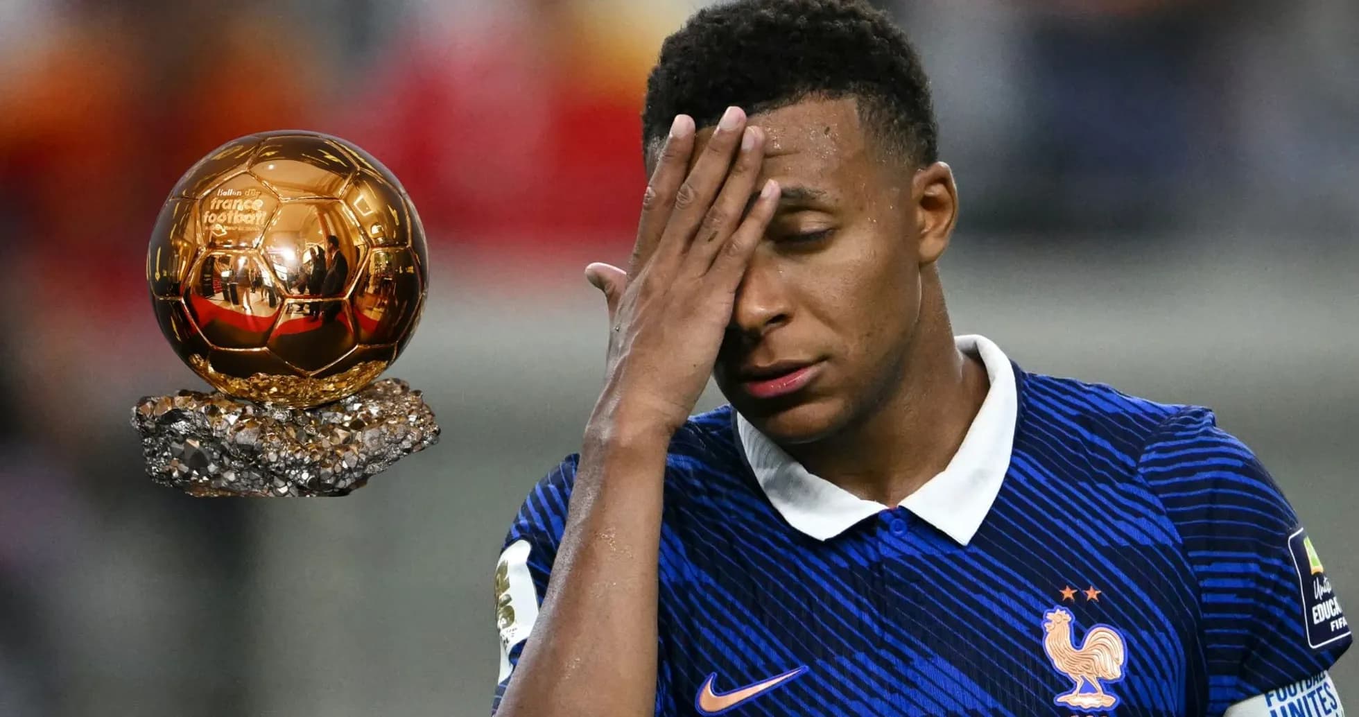 Player reacting with Ballon d'Or trophy nearby