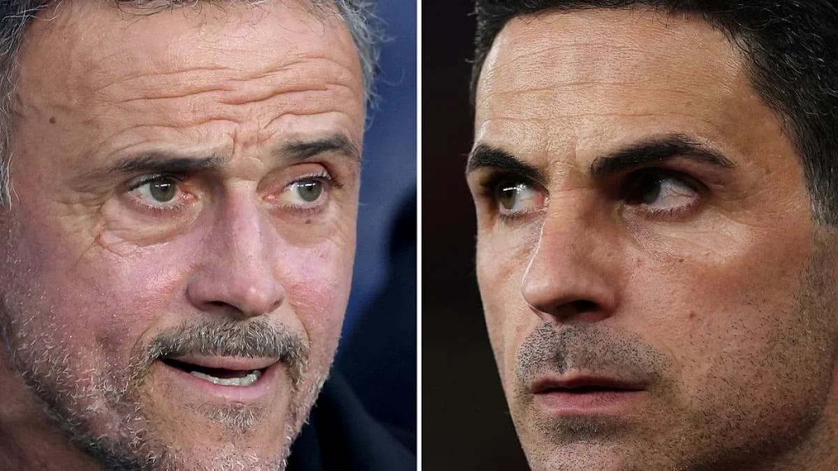 Two football managers in intense expressions