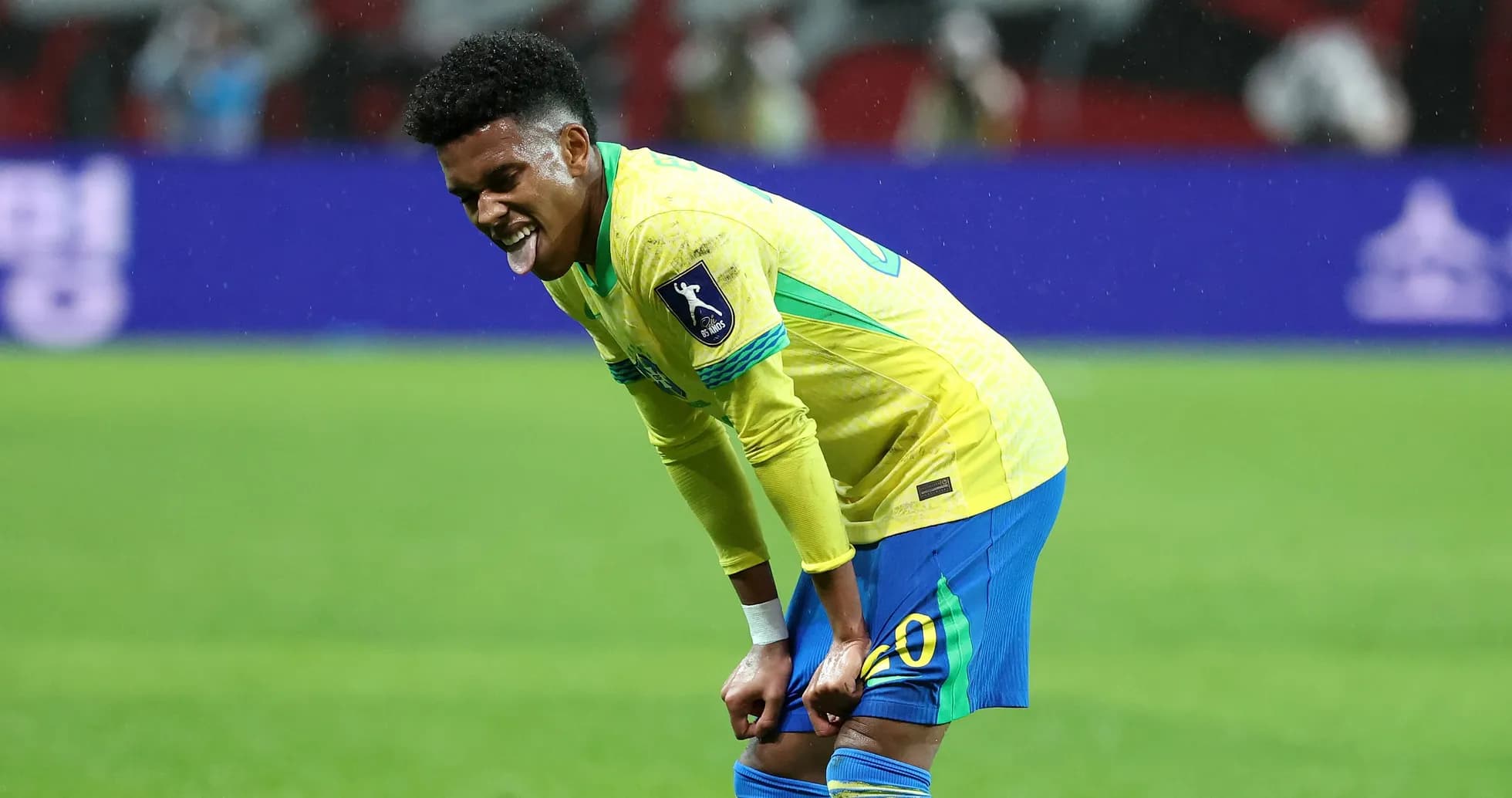 Brazilian player reacting during match on field