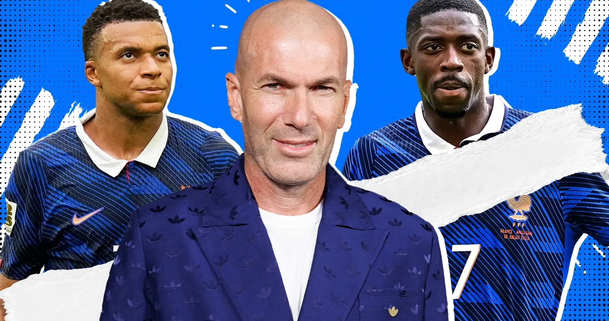 Kylian Mbappé, Zinedine Zidane, and Ousmane Dembélé collage