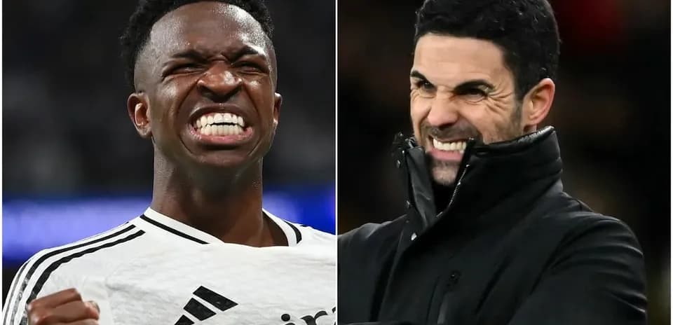 Vinicius Jr. celebrating, Mikel Arteta reacting during match