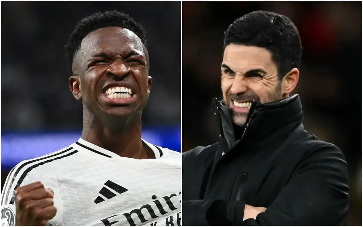Vinicius Jr. celebrating, Mikel Arteta reacting during match
