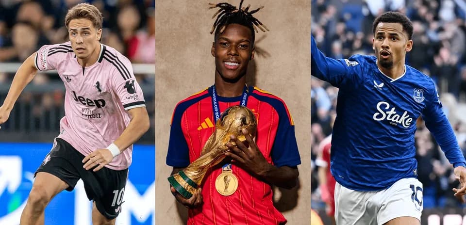 Three football players in action and posing with trophy