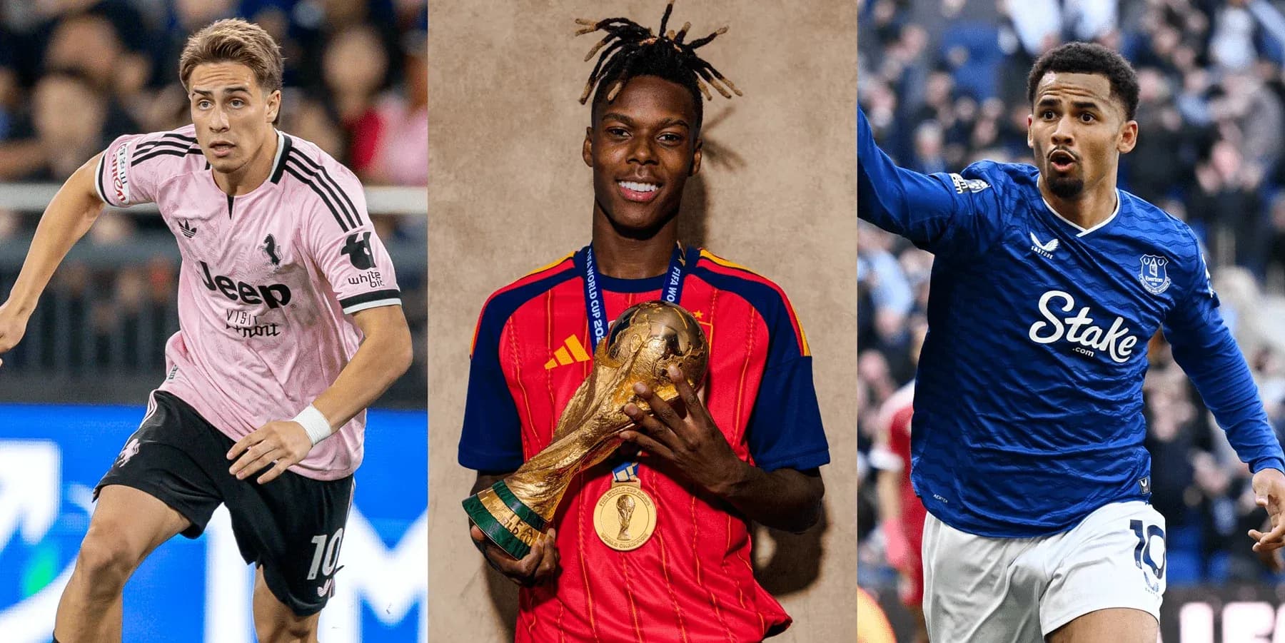 Three football players in action and posing with trophy