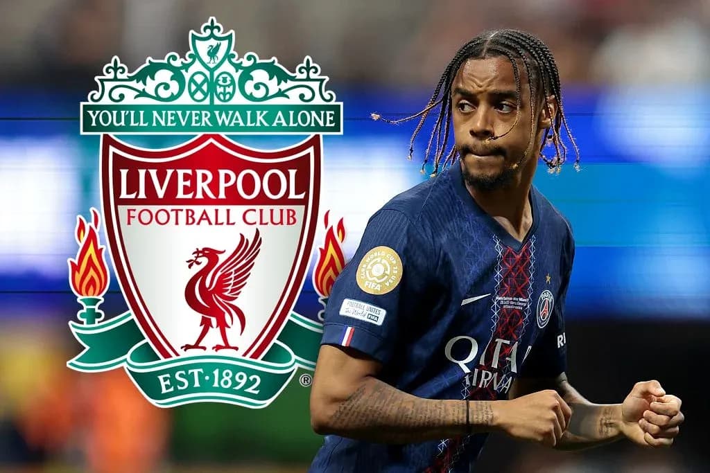 Player in PSG kit with Liverpool logo background