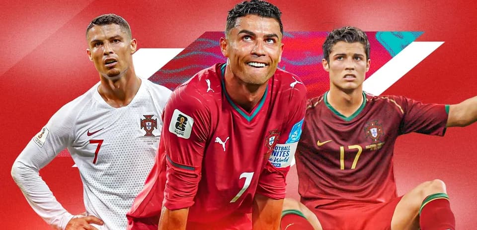 Three football players in Portugal kits on red background