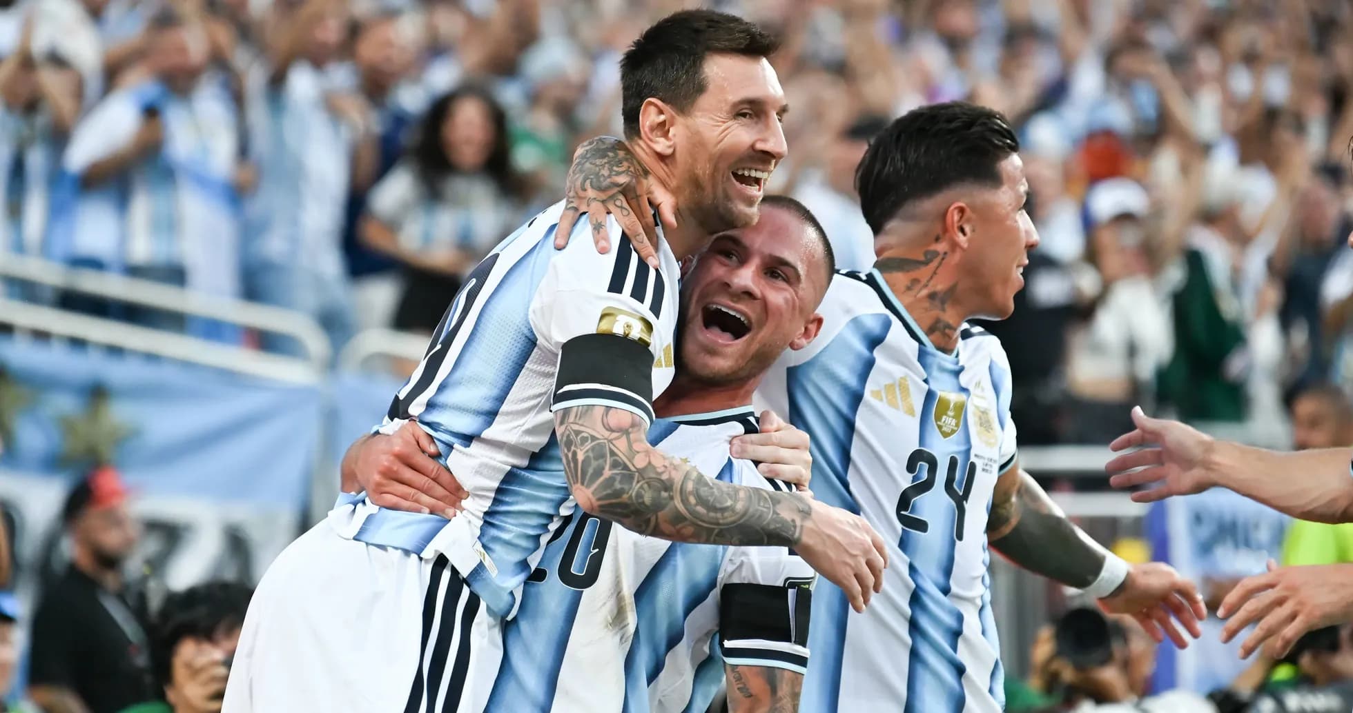 Argentina players celebrating a goal together