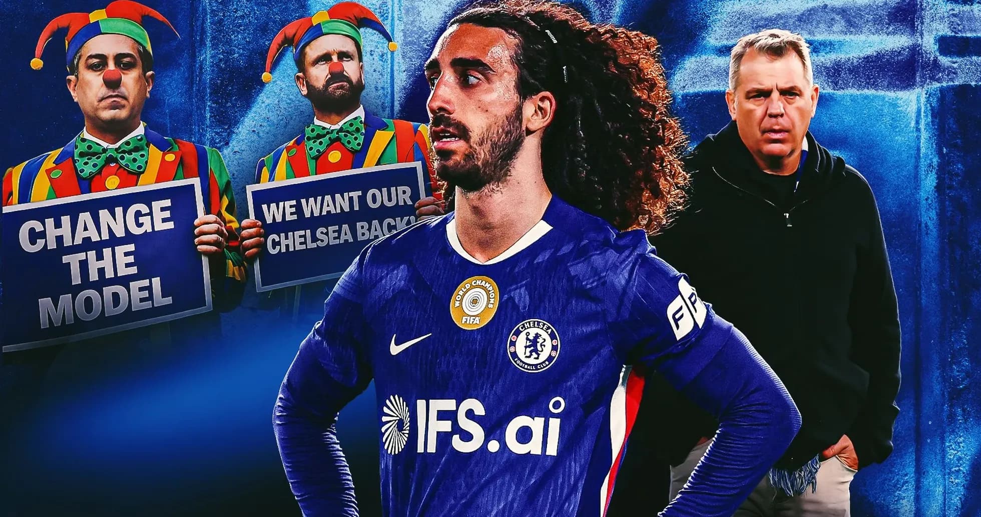 Chelsea player with fans holding protest signs