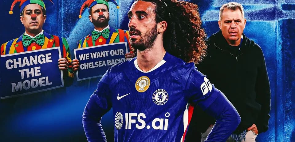 Chelsea player with fans holding protest signs