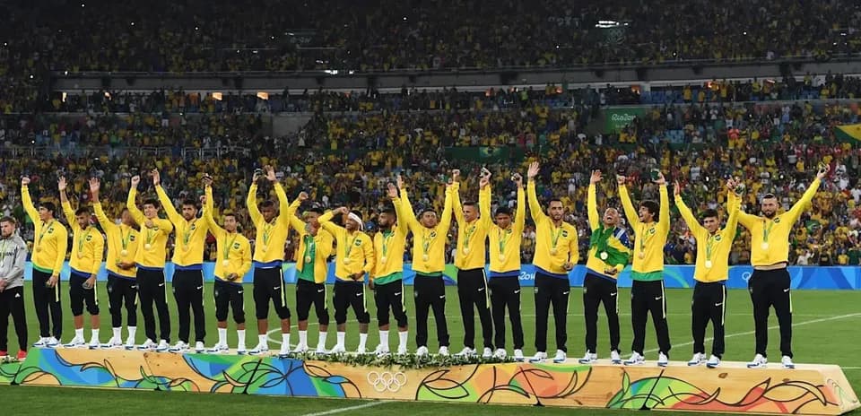 Brazilian football team celebrating Olympic gold medal win