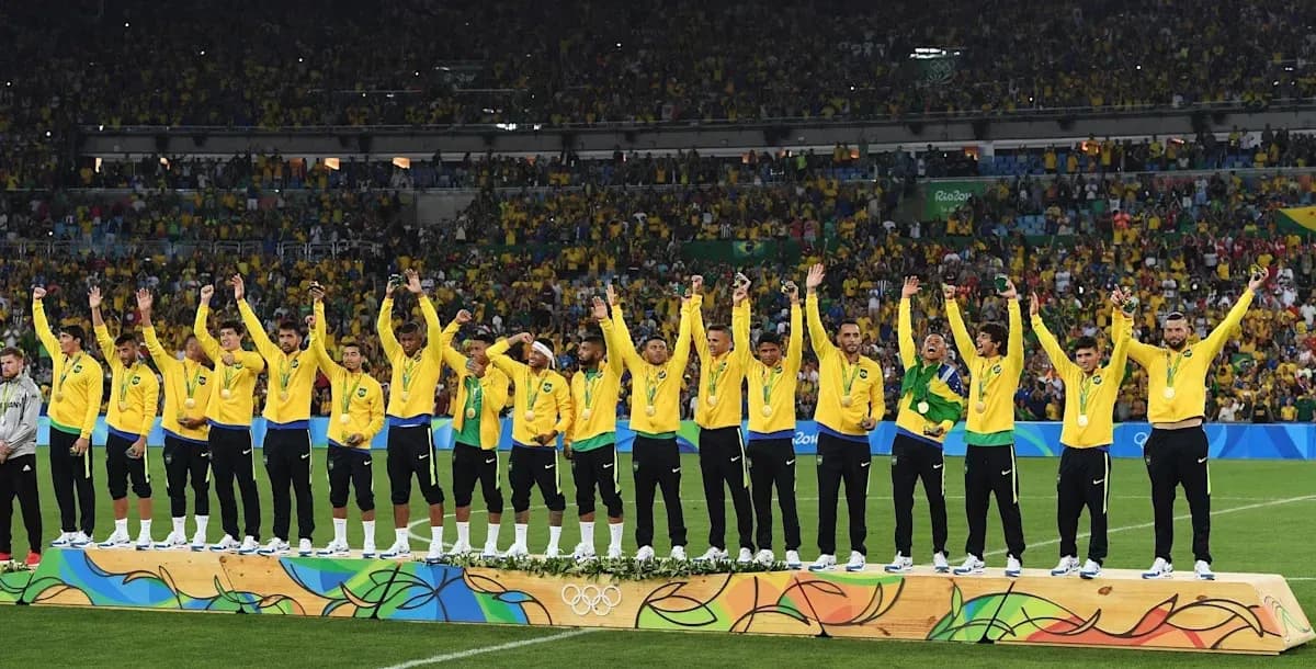 Brazilian football team celebrating Olympic gold medal win