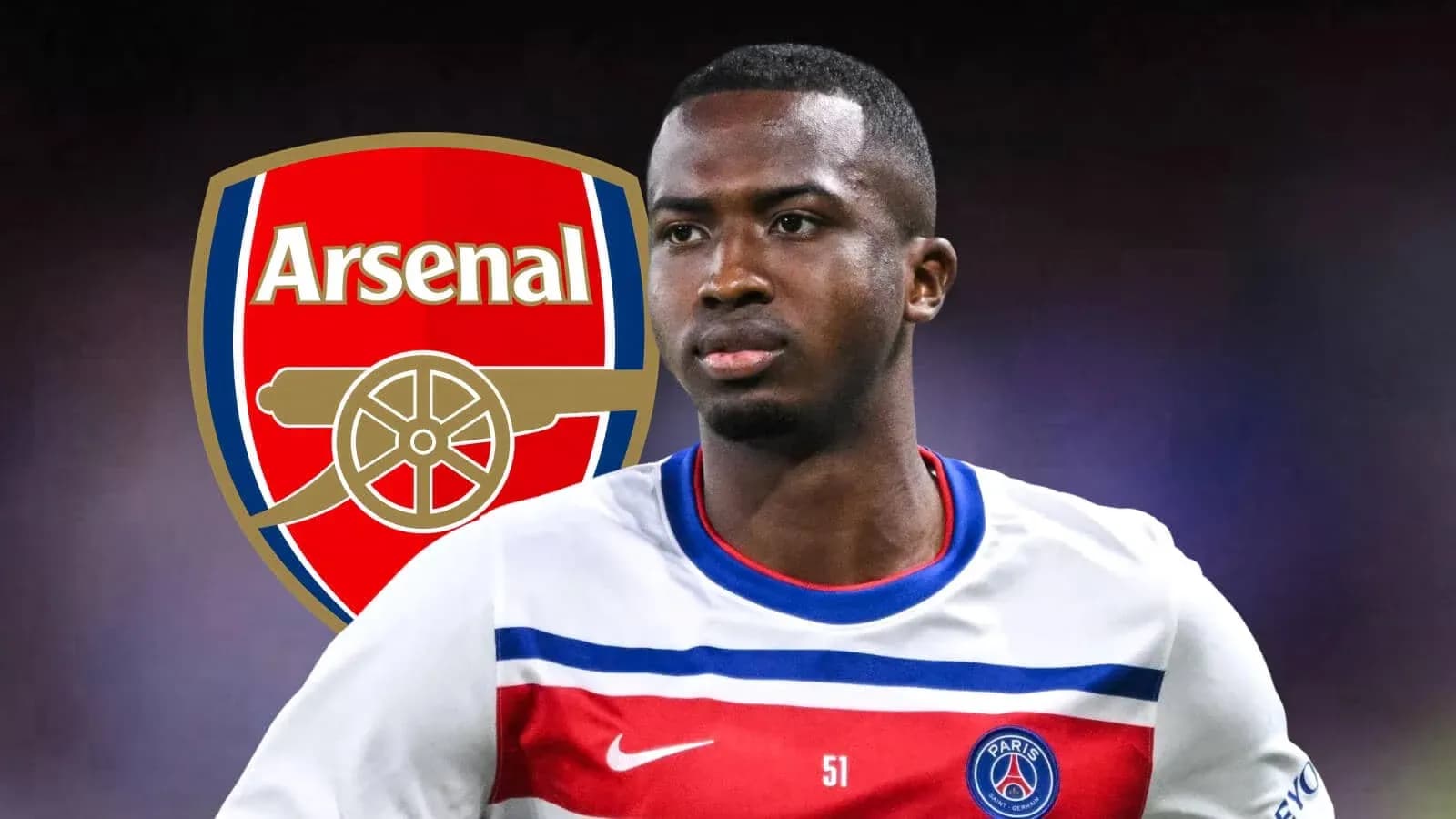 Player in PSG jersey with Arsenal logo background