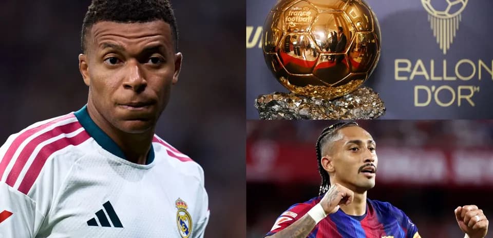 Mbappe and player celebrating near Ballon d'Or trophy