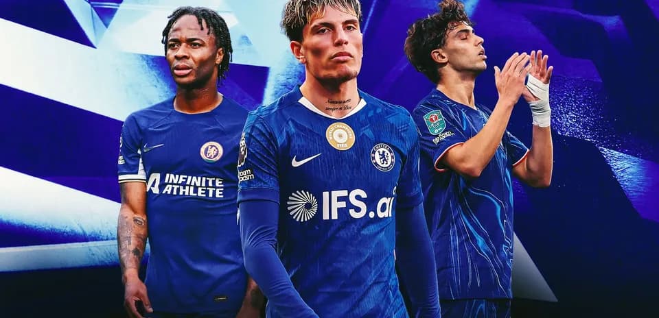 Three Chelsea players posing in blue kits