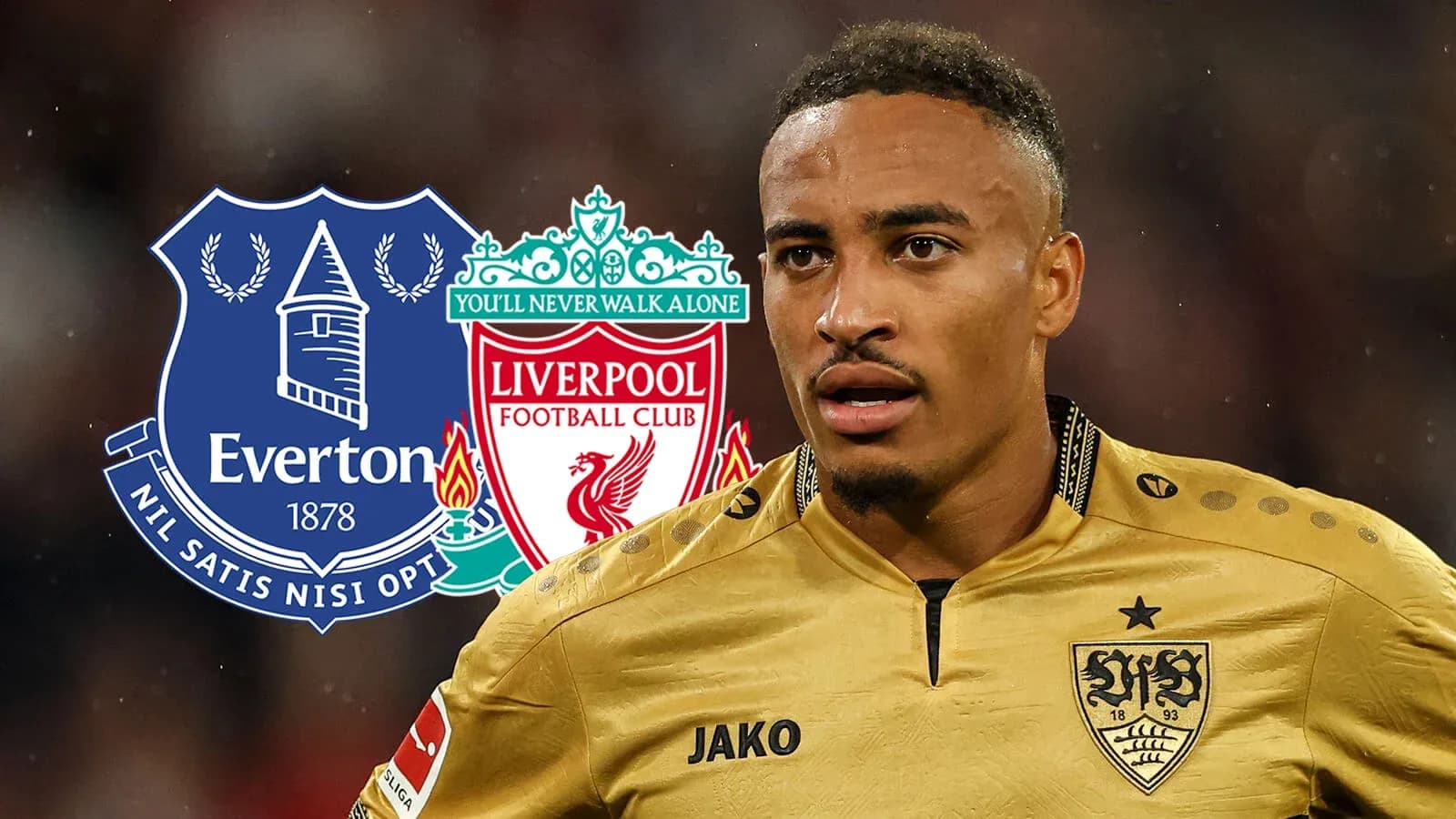 Player in gold jersey with Everton and Liverpool logos