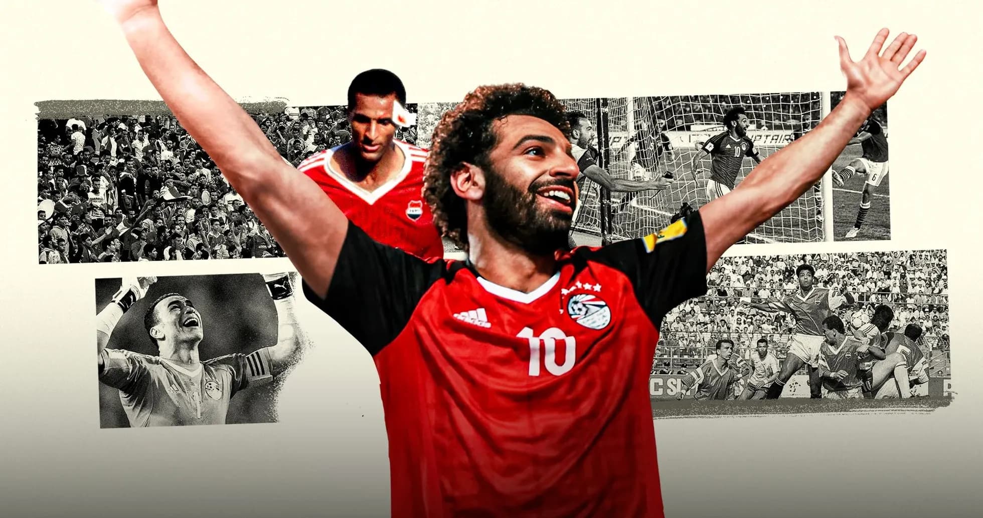Mohamed Salah celebrating with historical football images