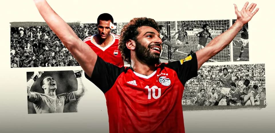 Mohamed Salah celebrating with historical football images