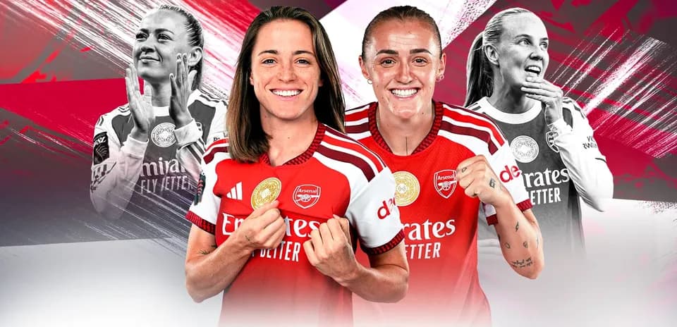 Two Arsenal players celebrating in team jerseys