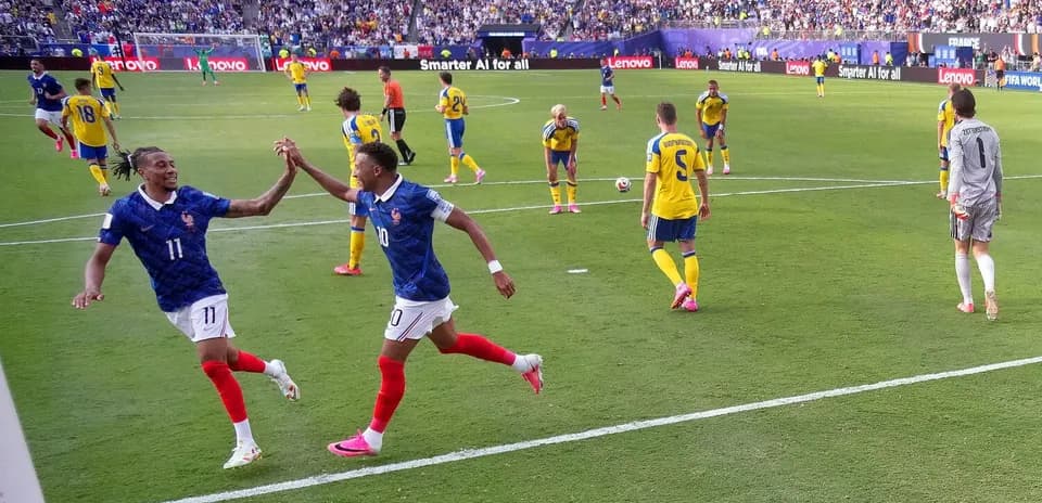 Players celebrating goal during France vs Sweden match