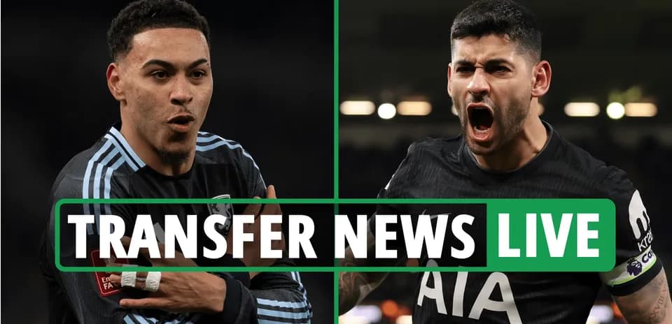 Two football players on screen with transfer news banner