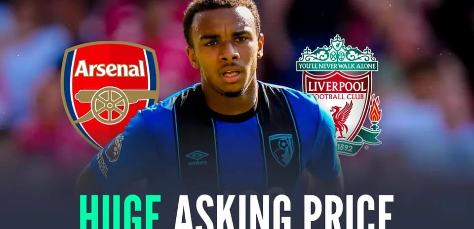 Player with Arsenal and Liverpool logos, huge asking price