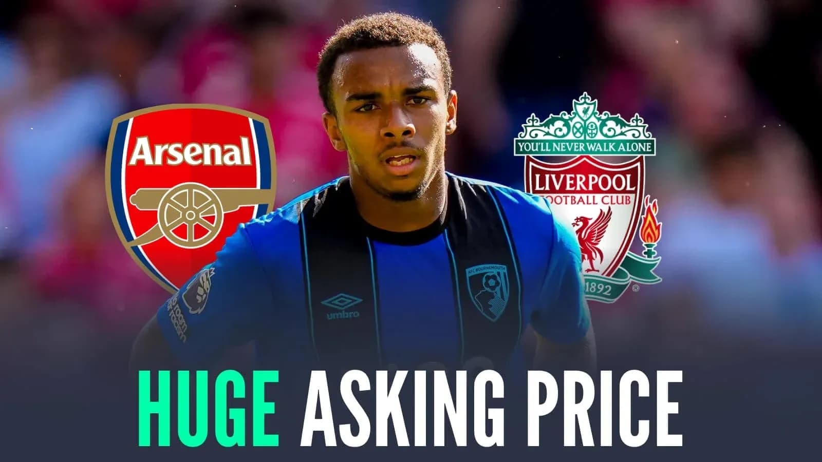 Player with Arsenal and Liverpool logos, huge asking price