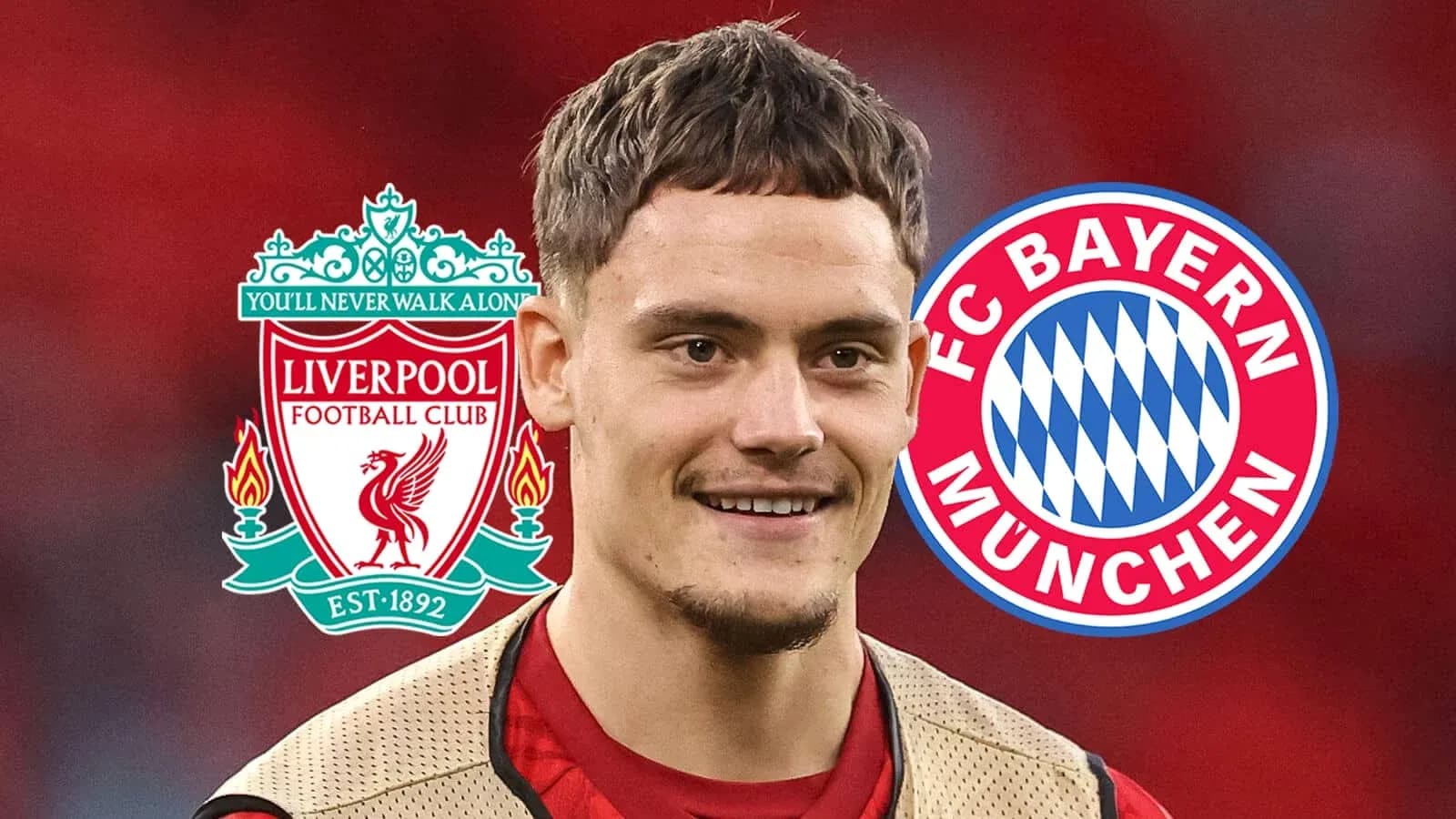 Player smiling with Liverpool and Bayern Munich logos
