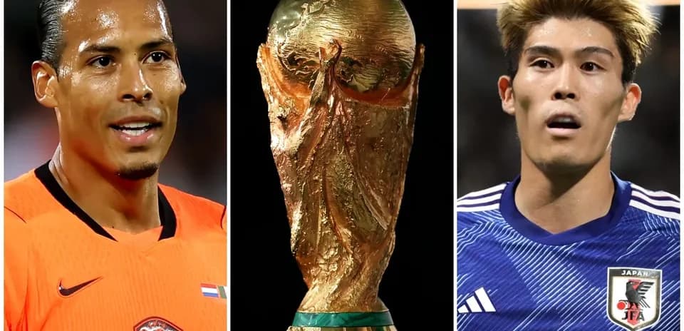 Virgil van Dijk and Japanese player with World Cup trophy