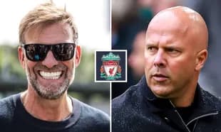 Two football managers with Liverpool logo between them