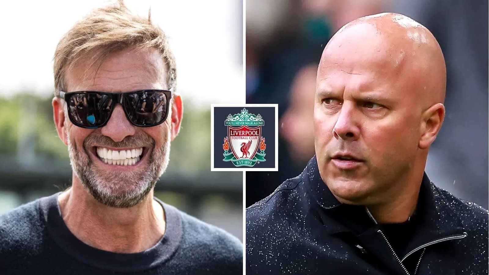 Two football managers with Liverpool logo between them