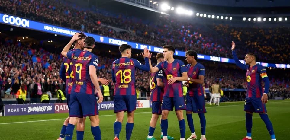 Barcelona players celebrating a goal during match