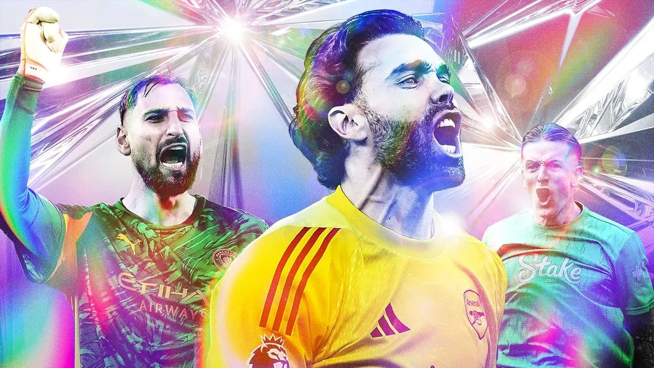 Three goalkeepers celebrating during vibrant graphic design