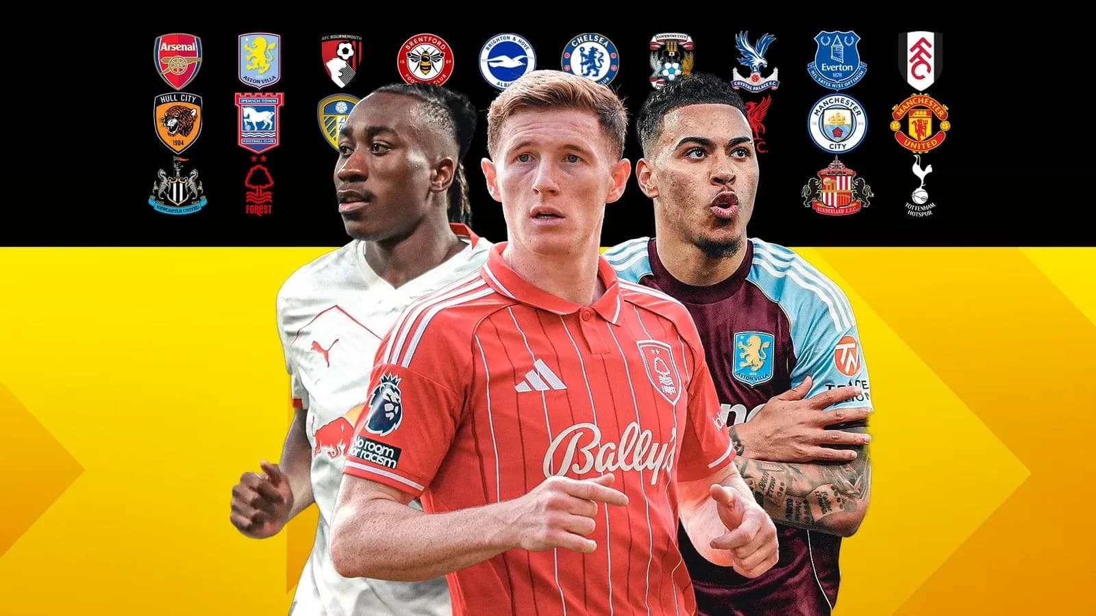 Three football players in team jerseys with logos