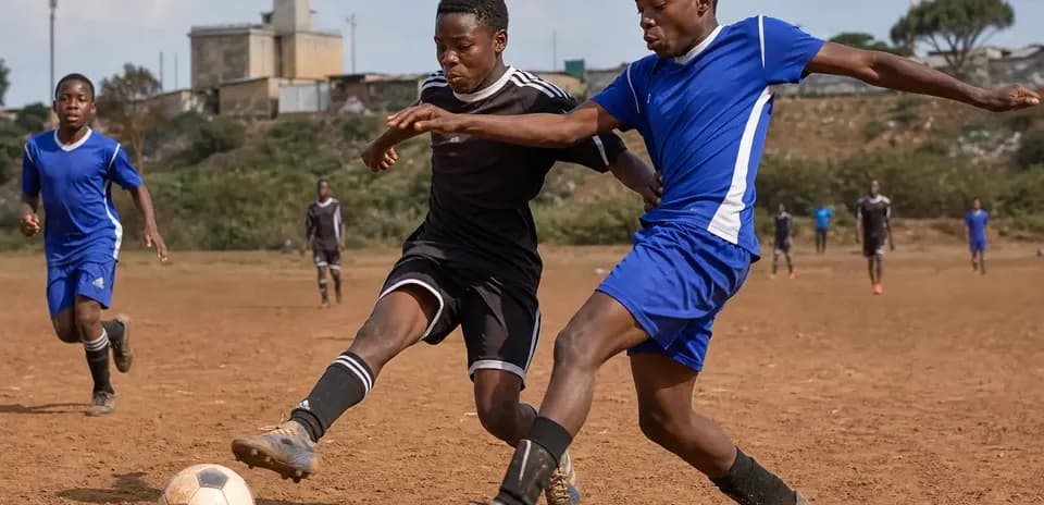 Players competing for the ball on dirt field