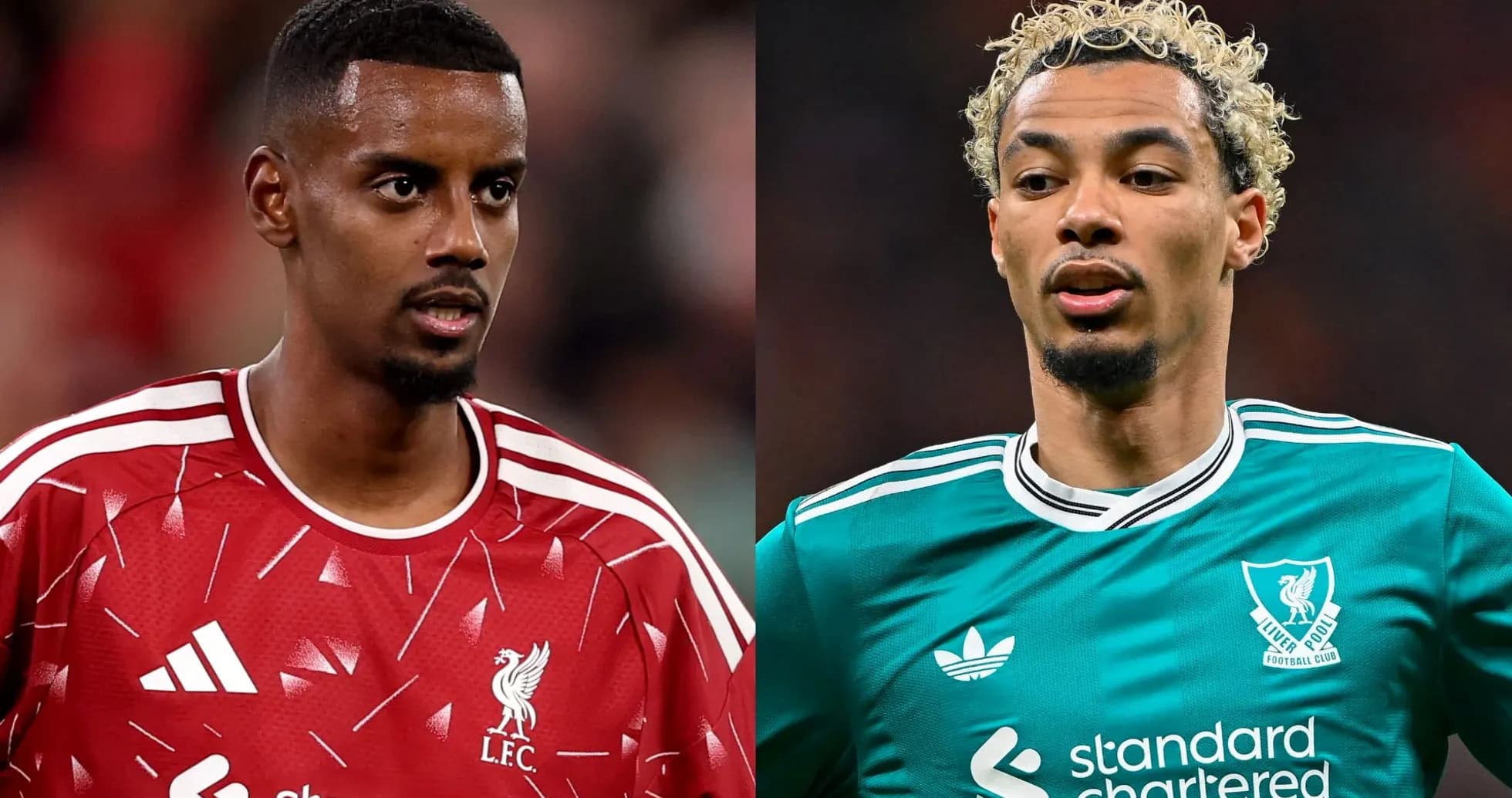 Two Liverpool players in home and away kits