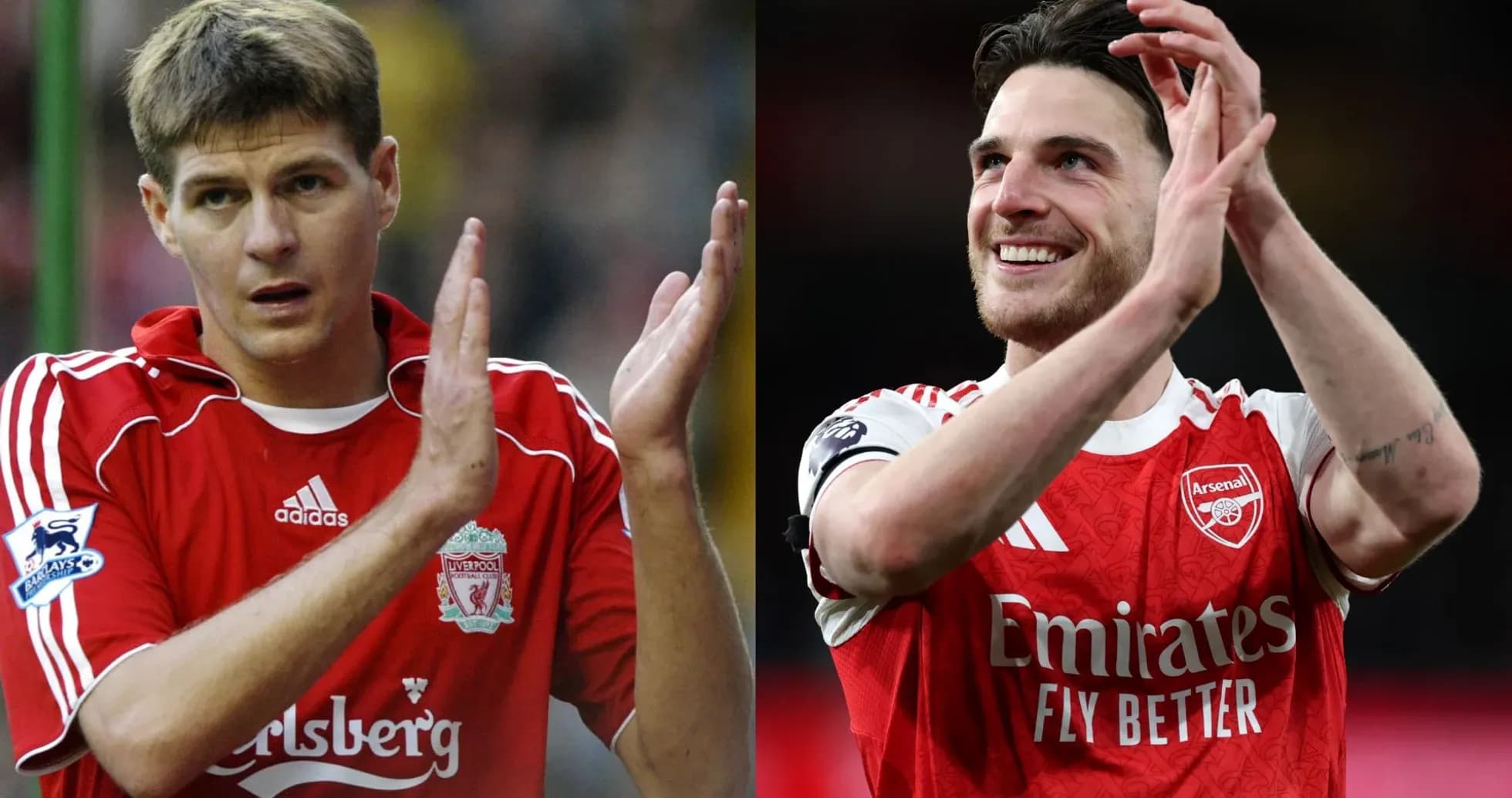Two football players applauding fans, wearing team jerseys