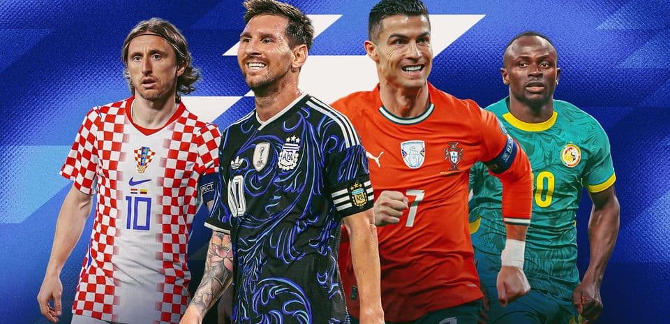 Four football players in national team jerseys