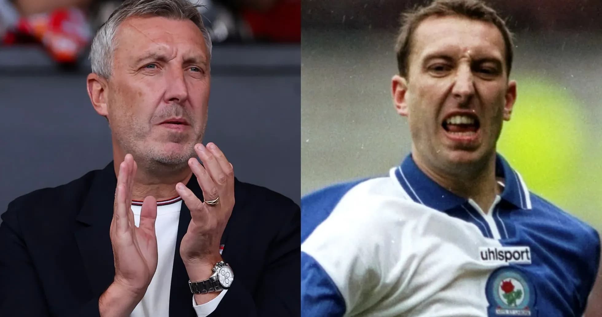 Two football players in different poses and eras